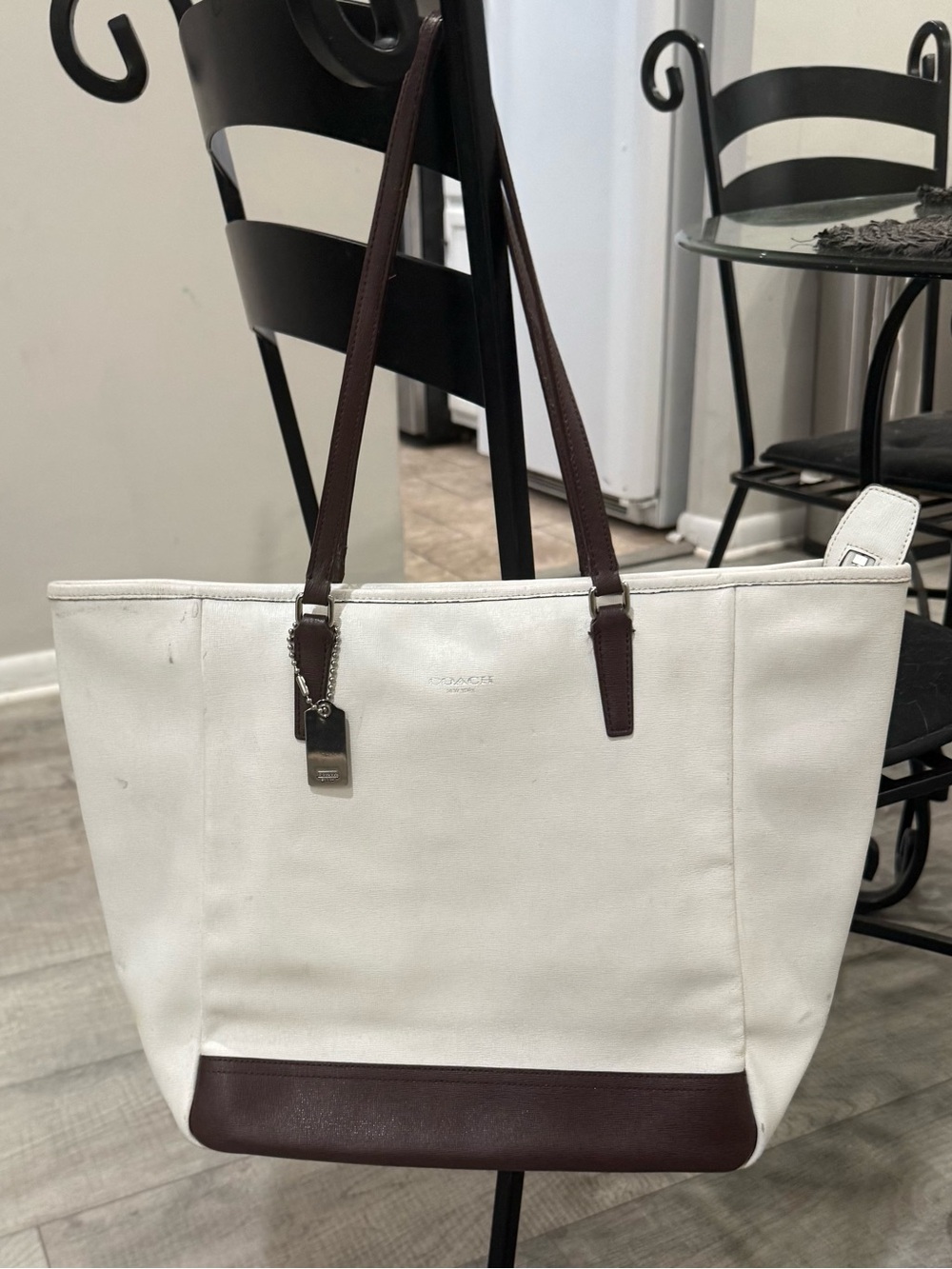 Coach White Leather Purse with Brown Leather Trim and Handles